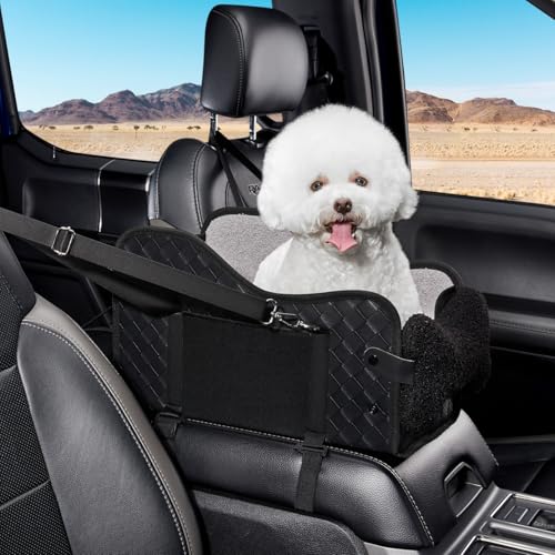 GGW Auto-Hundesitz für Kleine Hunde & Katzen | Sicherer Hunde-Sitz mit Doppelter Befestigung, Wasserdicht, Seitentaschen & Schnellmontage (Passt zu 99% Mittelarmlehnen) (Leder-Schwarz, Normaler Stil) von GGW
