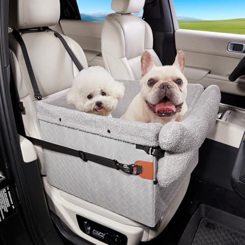 Hunde Autositz für kleine bis mittlere Hunde, Waschbarer hundesitz Auto mit Aufbewahrungstaschen,Ansteckbare Leine,verdickter Sitzerhöhung Hundebett Auto für Rückbank Vordersitz (Grau, Kleine) von GGW