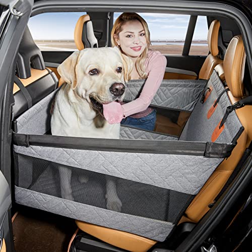 Hundeautositz für große Hunde bis 40 kg - Sicherer Rücksitzbezug mit ausziehbarer Plattform & wasserabweisender Haustiermatratze (Grau, groß) von GGW