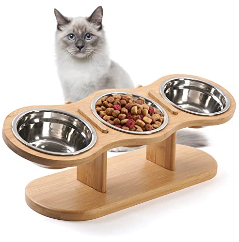 GHIAKQYT Futterstation Katzen 3 Näpfe Erhöht - Katzennapf 3er Set Höhenverstellbar, Fressnapf Futterbar mit Holz Ständer, Edelstahl Näpfe für Wasser Futter - Futternapf für Katzen,kleine Hunde von GHIAKQYT