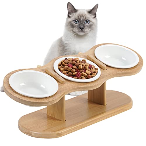 GHIAKQYT Futterstation Katzen Erhöht mit 3 Keramik Näpfe - Fressnapf Futterbar mit Holz Ständer, Ergonomischer Katzennapf Erhöht 3er Set - Trockenfutter,Nassfutter,Wasser Napf für Katzen,kleine Hunde von GHIAKQYT