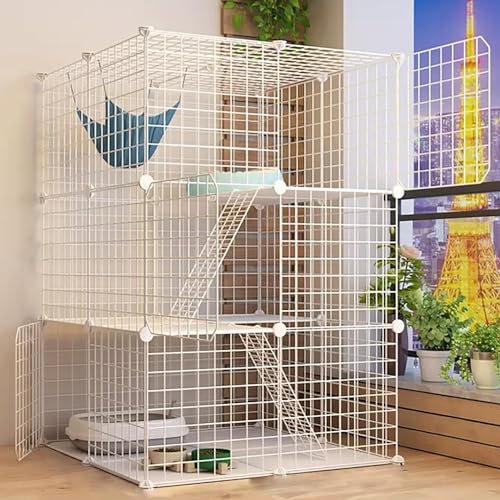 Katzenkäfig Innen, Draht Katzenkäfig Laufstall Zwinger Katzenlaufstall Tierkäfig mit Katzenstreu, Katzenhängematte und Katzentoilette, mit 1 Rampe und Leiter, Katzenkäfig Hundekäfig Frettchenkäfig von GHKFEJGDEN