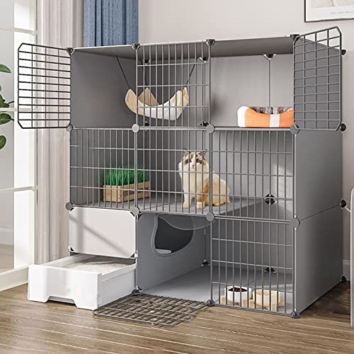 Katzenlaufstall, Katzenhütten für Indoor-Katzen, Outdoor-Katzengehege, Katzenkäfige für den Innenbereich, groß, 3-stöckig, mit Tür und geschlossener Katzentoilette, Verwendung für Kätzchen, Kaninchen von GHKFEJGDEN