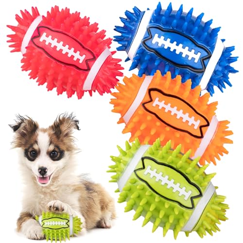 GHOBROFY Quietschendes Fußball-Spielzeug, 4 Stück, interaktive und langlebige stachelige Hundebälle für mittelgroße und große Hunde mit Rugby-Form, integrierter Quietscher für Zahnreinigung und GHOBROFY Quietschendes Fußball-Spielzeug, 4 Stück, interaktive und langlebige stachelige Hundebälle für mittelgroße und große Hunde mit Rugby-Form, integrierter Quietscher für Zahnreinigung und von GHOBROFY