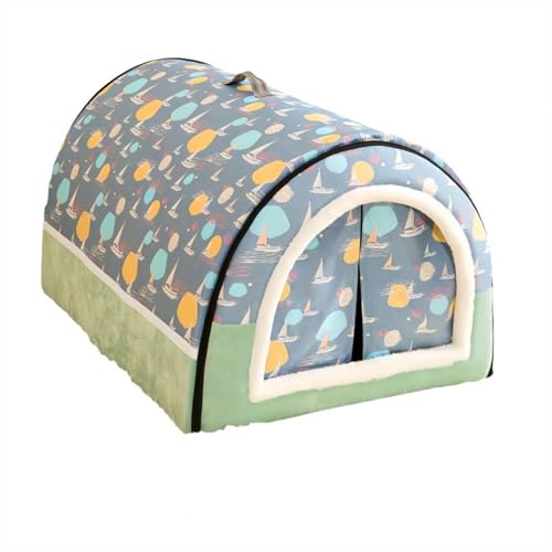 GIBZ Hundehausbett für Kleine Hunde Winter Warm Abnehmbare Katzenbett mit Türvorhang Rutschfestes Haustierbett für Mittelgroße und Große Hunde Blau 75x50x50cm von GIBZ