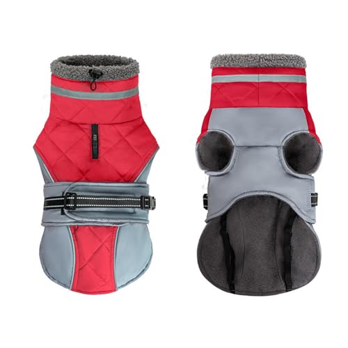 GIBZ Hundemantel Winter Outdoor, Winddicht Wasserdicht Jacke mit Reflektierendem Geschirr, Warme Fleece Kleidung für Hunde, Rot, 2XL GIBZ Hundemantel Winter Outdoor, Winddicht Wasserdicht Jacke mit Reflektierendem Geschirr, Warme Fleece Kleidung für Hunde, Rot, 2XL von GIBZ