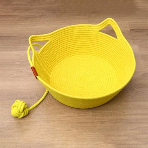 GIBZ Katzenkorb aus Baumwollseil mit Spielzeugballschwanz Rund Geflochtenes Katzenbett für Den Innenbereich für Kleine Hunde Haustierkätzchen Boho Gelb 27x27x13cm von GIBZ