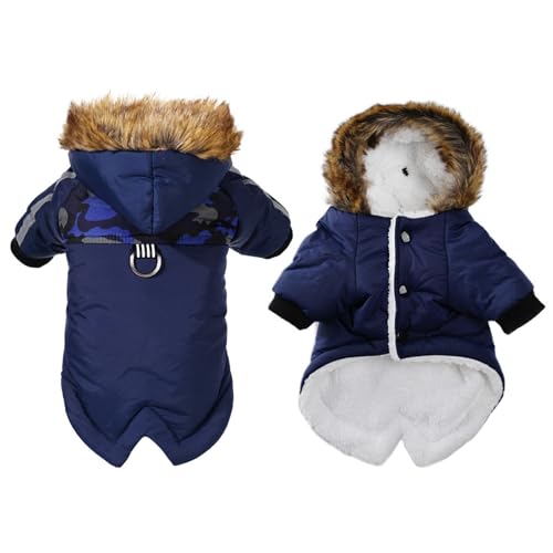 GIBZ Wasserdicht Winter Hundemantel mit Geschirr Loch Winddicht Warme Jacke mit Kapuze für Kleine Hunde Fleece HundeJacke D Ring-Blau von GIBZ