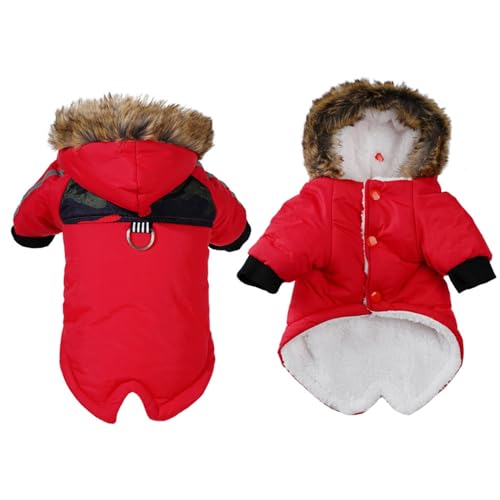 GIBZ Wasserdicht Winter Hundemantel mit Geschirr Loch Winddicht Warme Jacke mit Kapuze für Kleine Hunde Fleece HundeJacke D Ring-Rot von GIBZ