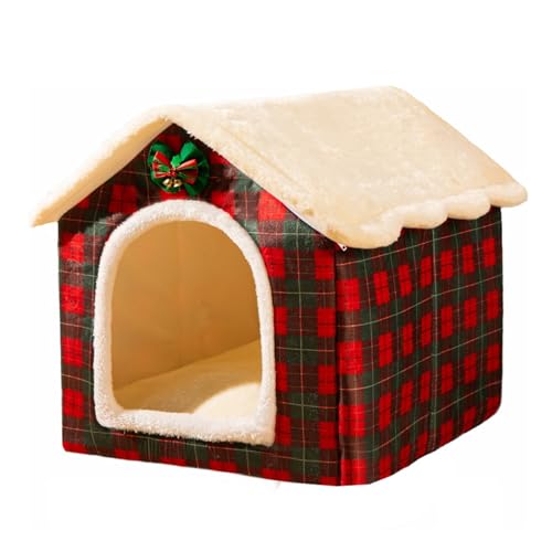 GIBZ Weihnachtsbett Katzen für Kleine Hunde Hundehausbetten Flauschig Rutschfestes Winter-Haustierbett für Kleine Mittelgroße und Große Hunde Rot 40x35x38cm von GIBZ