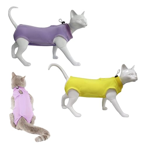 GIEEU Katzen-Genesungsanzug, chirurgischer Genesungsanzug, nach Operationen, für weibliche Katzen, weiches und atmungsaktives Modalgewebe, Violett und Gelb, Größe M (2 ~ 4 kg Katze), 2 Stück von GIEEU