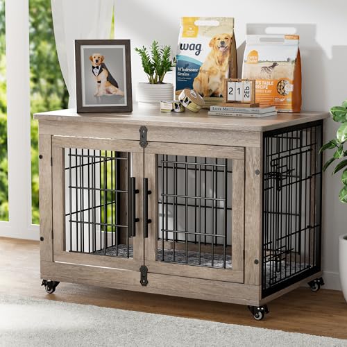 GIKPAL Hundebox für Zuhause mit Kissen, Hundehütte Hundehaus für Drinnen mit Doppeltüren und Rädern, Moderne Hundehaus für Klein, Mittlere Hunde bis zu 45 lb, 83x56x64cm, Grau von GIKPAL