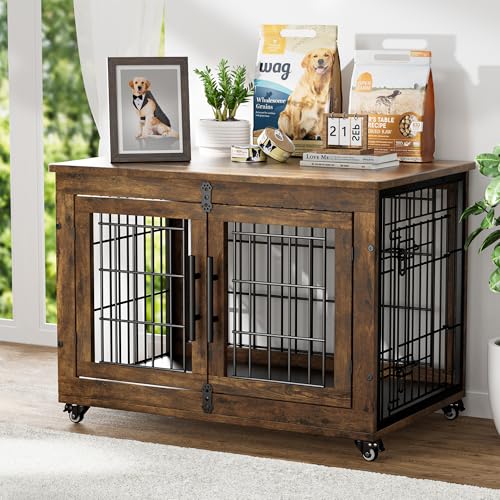 GIKPAL Hundebox für Zuhause mit Kissen, Hundehütte Hundehaus für Drinnen mit Doppeltüren und Rädern, Moderne Hundehaus für Klein, Mittlere Hunde bis zu 45 lb, 83x56x64cm, Rustikales Braun von GIKPAL