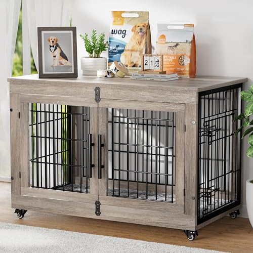 GIKPAL Hundebox für Zuhause mit Kissen, Hundehütte Hundehaus für Drinnen mit Doppeltüren und Rädern, Moderne Hundehaus für Mittlere, Große Hunde bis zu 70 lb, 98x64x68cm, Grau von GIKPAL