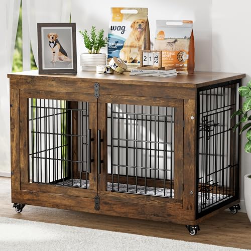 GIKPAL Hundebox für Zuhause mit Kissen, Hundehütte Hundehaus für Drinnen mit Doppeltüren und Rädern, Moderne Hundehaus für Mittlere, Große Hunde bis zu 70 lb, 98x64x68cm, Rustikales Braun GIKPAL Hundebox für Zuhause mit Kissen, Hundehütte Hundehaus für Drinnen mit Doppeltüren und Rädern, Moderne Hundehaus für Mittlere, Große Hunde bis zu 70 lb, 98x64x68cm, Rustikales Braun von GIKPAL
