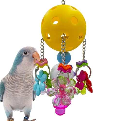 GILYGI Zugbarer Vogel zum Aufhängen, bunte Kunststoff-Ball-Spielzeug mit Acryl-Schnullern und Blumen für mittelgroße Papageien, Quäker, Mönch, Sittich, Sonne, Sittiche, Gelb von GILYGI