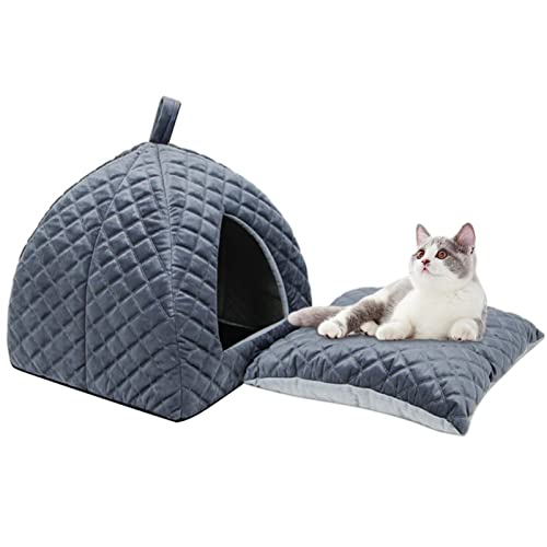 GIMOCOOL Katzenbett Kätzchenbett Katzenzelt Indoor Katzenhaus Katzenhütte Kuschelhöhle Halb Geschlossenes Katzenbett 2-in-1 Faltbares & Bequemes Iglu Dreieck Haustierbett mit abnehmbarem Kissen von GIMOCOOL