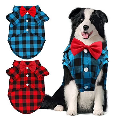 GINDOOR 2 Packungen kariertes Hunde-Shirt – niedliche Hundekleidung und Fliege Combo Hunde-Outfit für mittelgroße und große Hunde, Geburtstagsparty und Urlaubsfotos von GINDOOR