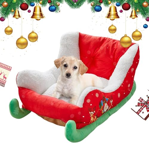 Haustierbett mit Weihnachtsschlitten, weich, bequem, Weihnachtsmotiv, niedliches Schlitten-Design, perfekt für kleine und mittelgroße Katzen von GINGER TECH