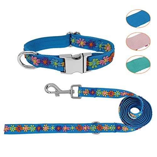 GINIDEAR Hundehalsband und Leine, Set für Mädchen, mit niedlicher Stickerei, Spitzenblumen, für den täglichen Spaziergang im Freien, verstellbar für kleine, mittelgroße und große Hunde, Blau, S von GINIDEAR