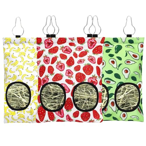 3 x Kaninchen-Heu-Futterbeutel, 2 Löcher, zum Aufhängen, Heu-Futterspender für Meerschweinchen, Heubeutel, waschbar, für Kaninchen, Chinchillas, Hamster, kleine Haustiere und Tiere (30 x 22 cm) von GIOOIG