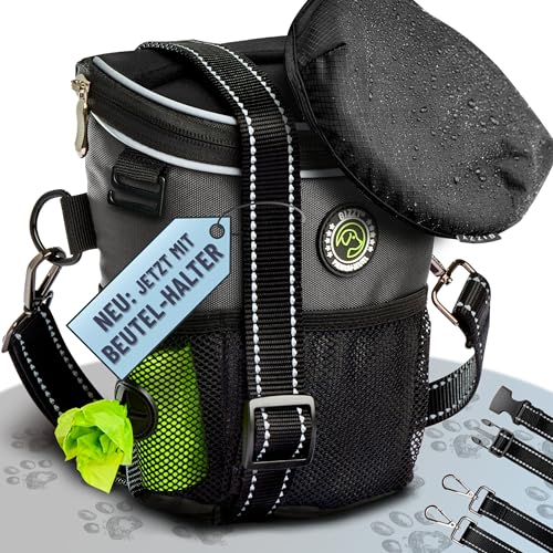 GIZZY® DAS ORIGINAL | Leckerlitasche für Hunde + REGENHAUBE | Leckerlibeutel für Hunde mit praktischer Einhand-Öffnung | Hunde Leckerlitasche für Training & Welpenerziehung | Gassi Tasche Hund [Grau] von GIZZY