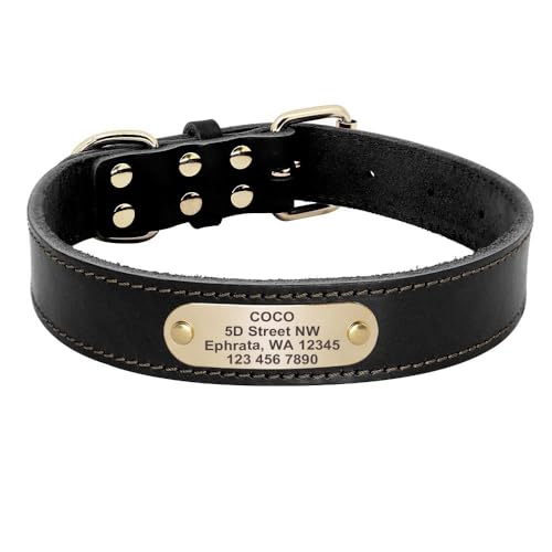 Einfarbiges Leder-Hundehalsband, personalisierbar, Namensschild-Halsband, individuell graviert, verstellbar, Anti-Verlust-Halsband für Deutscher Schäferhund, Labrador, Französische Bulldogge, Schwarz, von GKRB