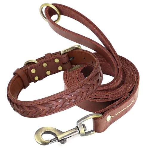 Handgewebtes Set Aus Hundehalsband Und Leine Aus Echtem Leder. Weiches Und Langlebiges Set Aus Hundehalsband Und Leine Aus Echtem Leder. Verstellbares Set Aus Hundehalsband Und Leine,Braun,L von GKRB