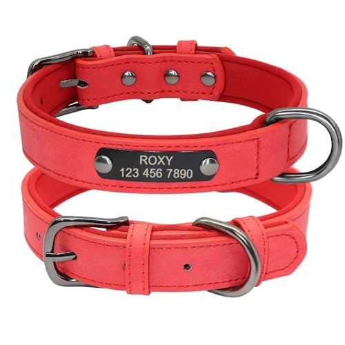 Personalisiertes Hundehalsband, strapazierfähiges Leder, Haustierhalsband, Anti-Verlust, verstellbar, für Französische Bulldogge, Mops, Labrador, Rot, Größe XS von GKRB