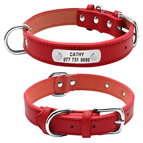 Strapazierfähiges Leder-Hundehalsband, Personalisiertes Hundehalsband, PU-Leder, Gepolstertes Haustier-ID-Halsband, Chihuahua, Mops, Collie, Verstellbares Anti-Verlust-Halsband,Rot,L von GKRB