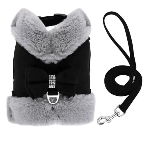 Warmes Hundegeschirr Und Leine-Set Für Herbst Und Winter. Weiche Und Bequeme Hunde- Und Katzengeschirrweste Mit Fellfüllung Und Passender Leine. Verstellbares Haustiergeschirr,Schwarz,XS von GKRB
