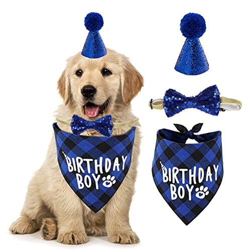 Hund Geburtstag Hut Bandana Set Hunde 3Stk Hundegeburtstagskrawatte Hundegeburtstagsparty für Junge Mädchen Welpenkatzenhaustier Blau von GKZB