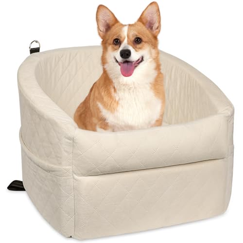 GL GLENSLAVE Hunde Autositz für kleine Hunde, Upgrade Booster Hunde Autositz, abnehmbare und waschbare Haustier Autositze mit Dicker Kissen-Sicherheitsleine und Aufbewahrungstaschen (Beige) von GL GLENSLAVE