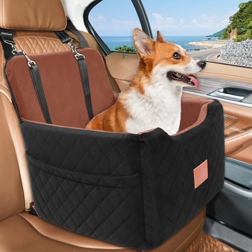 GL GLENSLAVE Hundeautositz für kleine/mittlere Hunde unter 15 Kgs,Hundesitzerhöhungen,Abnehmbarer und waschbarer Haustierautositz,Hundebett mit 2 Sicherheitsgurten (Schwarz/Braun, Einheitsgröße) von GL GLENSLAVE