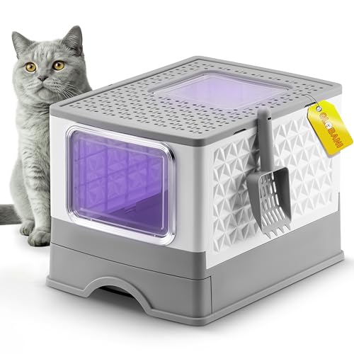 GLOBANI Große geschlossene Katzentoilette mit Schublade, UV-Licht und Schaufel – Hygienische Katzenklo für Katzen, Grau von GLOBANI