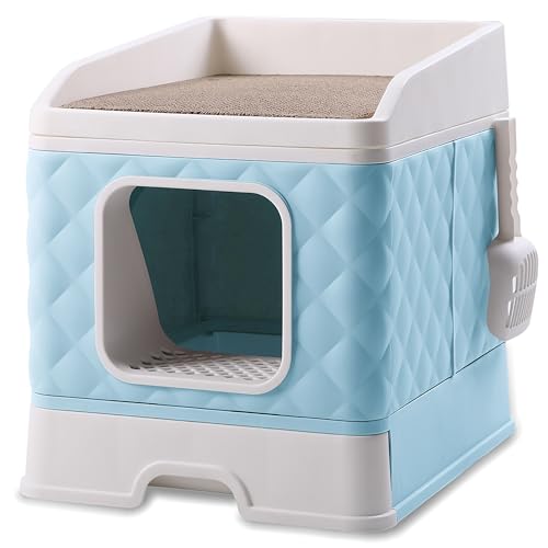 GLOBANI XXL Katzentoilette mit Deckel – Geschlossene Katzenklo mit Schublade, Kratzmatte & Schaufel – Geruchsdicht, hygienisch, ideal für große Katzen - Blau (Blau) von GLOBANI