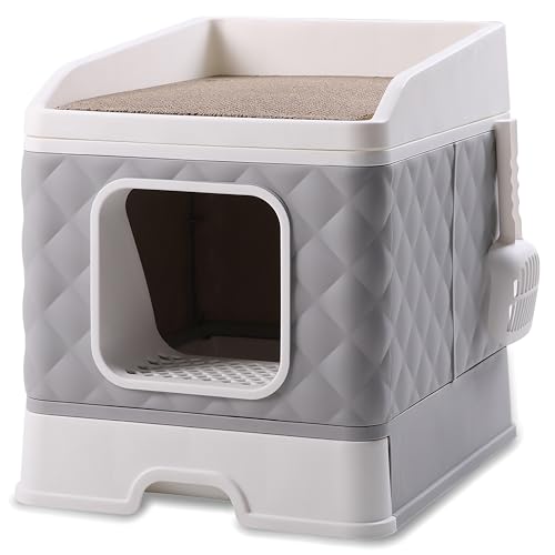 GLOBANI XXL Katzentoilette mit Deckel – Geschlossene Katzenklo mit Schublade, Kratzmatte & Schaufel – Geruchsdicht, hygienisch, ideal für große Katzen - grau (Grau) von GLOBANI