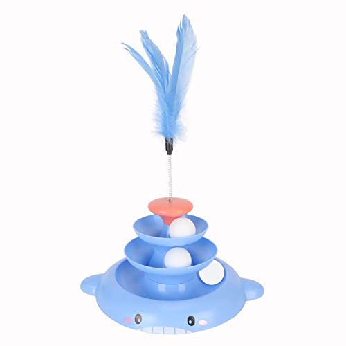 GLOGLOW Abnehmbarer Katzenballturm, Interaktives Spielzeug auf 3 Ebenen mit Federn, Robust und Langlebig für Kätzchenübungen (Blau) von GLOGLOW