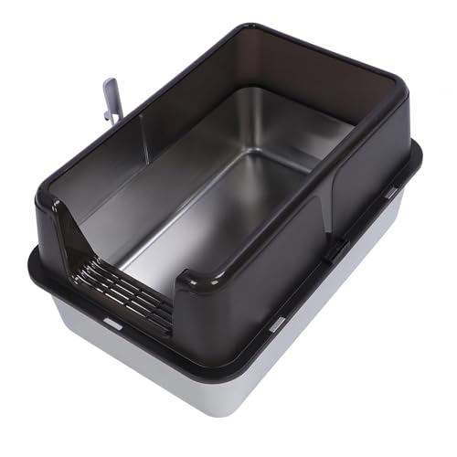 Extra Großer Edelstahl -Müllblattschale, Big Cat Edelstahlkatze Katzentoilette mit Deckel XL Metallstreu Pfanne Hohe Wandseiten Gehäuse Nicht -Stab -Leck -Proof für Katzen (Black) von GLOGLOW