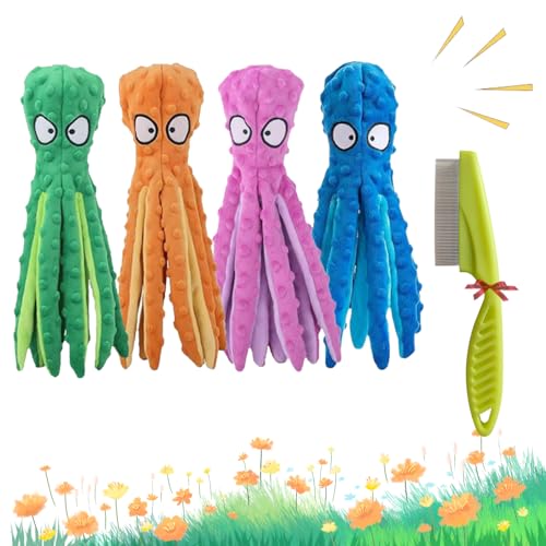 Whiskerspot Oktopus, Whiskerspot Oktopus Spielzeug für Hunde, Umweltfreundliches Oktopus-Plüschtier, Knister-Oktopus-Hundespielzeug ohne Füllung, Zahnreinigung & Robust für Welpen & Erwachsene (4Pc) von GLSAYZU