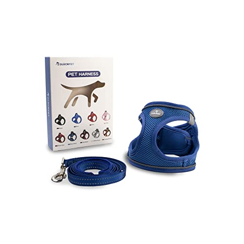 Hundegeschirr für Mittel und Kleine Hunde, mit 1,4m Hundeleine, Reflektierende, Atmungsaktiv, L, Blau von GLÜCKPET