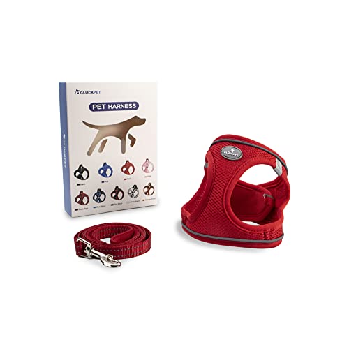 Hundegeschirr für Mittel und Kleine Hunde, mit 1,4m Hundeleine, Reflektierende, Atmungsaktiv, L, Rot von GLÜCKPET