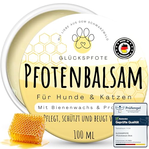 GLÜCKSPFOTE Pfotenbalsam 100ml für Hund Katze [Testsieger] | Verbesserte Rezeptur - mehr Bienenwachs - gegen trockene rissige Pfoten | Pfotenpflege als Pfotenschutz f. Sommer Winter f. Hunde Katzen von GLÜCKSPFOTE