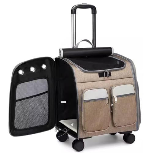 Rollbarer Katzentransporter, Haustiertransporter mit Rädern, Katzentransporter for große Katzen von 20 bis 25 Pfund, Haustier-Reisetransporter mit Aufbewahrungstasche ( Color : Brown , S : 49*30*43cm von GNBOW