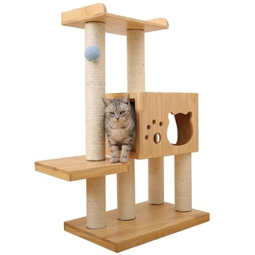 Vielseitiges Klettergerüst for Katzen Aus Massivem Holz Mit Katzenhäusern, Sisal-Kratzstämmen Und Sprungplattform von GNBOW