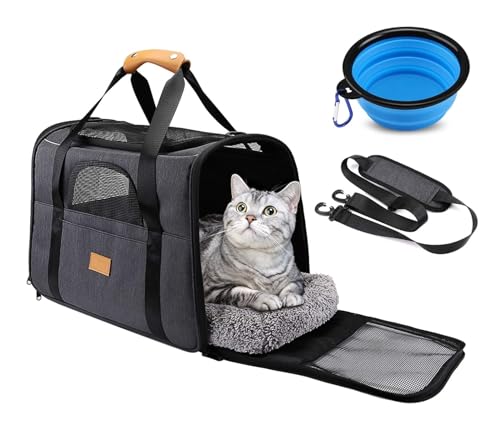 Transportbox für Katzen und Hunde, atmungsaktive Transporttasche für Haustiere, mit verstellbarem Schultergurt, abnehmbarer weicher und waschbarer Matratze + Schüssel. 44 x 31 x 34 cm (L x B x H) von GNCPets