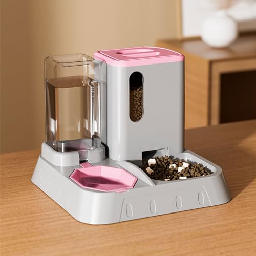 Automatic Cat Feeder Kunststoffe,2 In 1 Automatische Schwerkraft Hund Katze Wasser Und Futterspender for Kleine Haustiere,futterautomat Katze 1.3L (Color : Pink+Grey) von GODARM