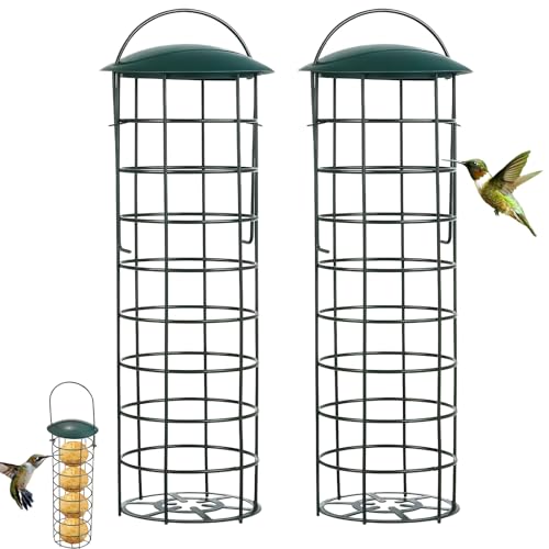 GOEDCH 2 Stück Meisenknödelhalter: Metall Meisenknödel Halter mit Dach, Aufhängen Vogelfutterstation Rund Ø 8 cm, Futterspender für Wildvögel Garten Balkon für Titten, Spatzen Und Wildvögel von GOEDCH