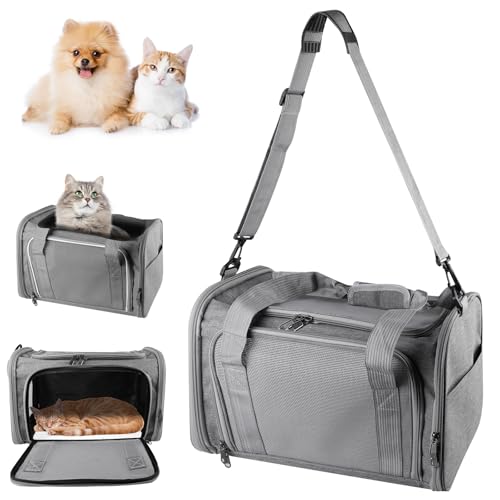 GOEDCH Faltbare Katzentransporttasche – mit Schulterriemen, Leicht, Atmungsaktiv & Flugzeugtauglich für Kleintiere bis 3kg (Grau, 40x25x25 cm) – Katzen Tragetasche für Reisen, Tierarzt & Alltag von GOEDCH