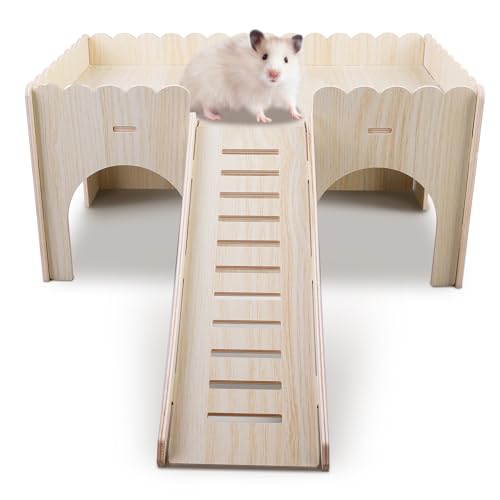 GOEDCH Groß Meerschweinchen Haus mit Rampe 4 Eingänge: Hamster Haus Holz, Meerschweinchen Zubehoer für Chinchilla, Hamster, Hase, Frettchen, Kaninchen, Abnehmbare 34 x 24 x 18 cm von GOEDCH